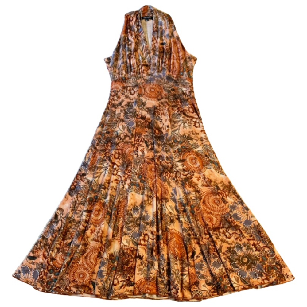 Vintage Karen Kane 90s Floral V-Neck Halter Midi Dress (Orange and Blue) Medium